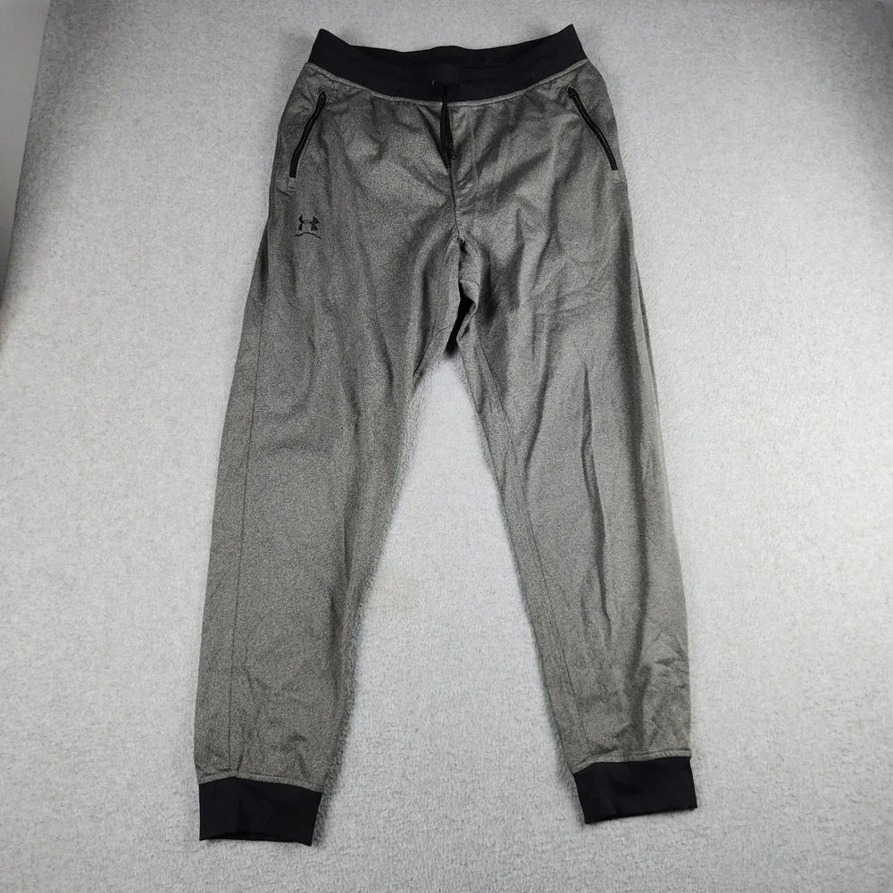 Under Armour Joggers Pants Mens L Gray Fleece Lined Loose Fit Tapered Zip Pocket